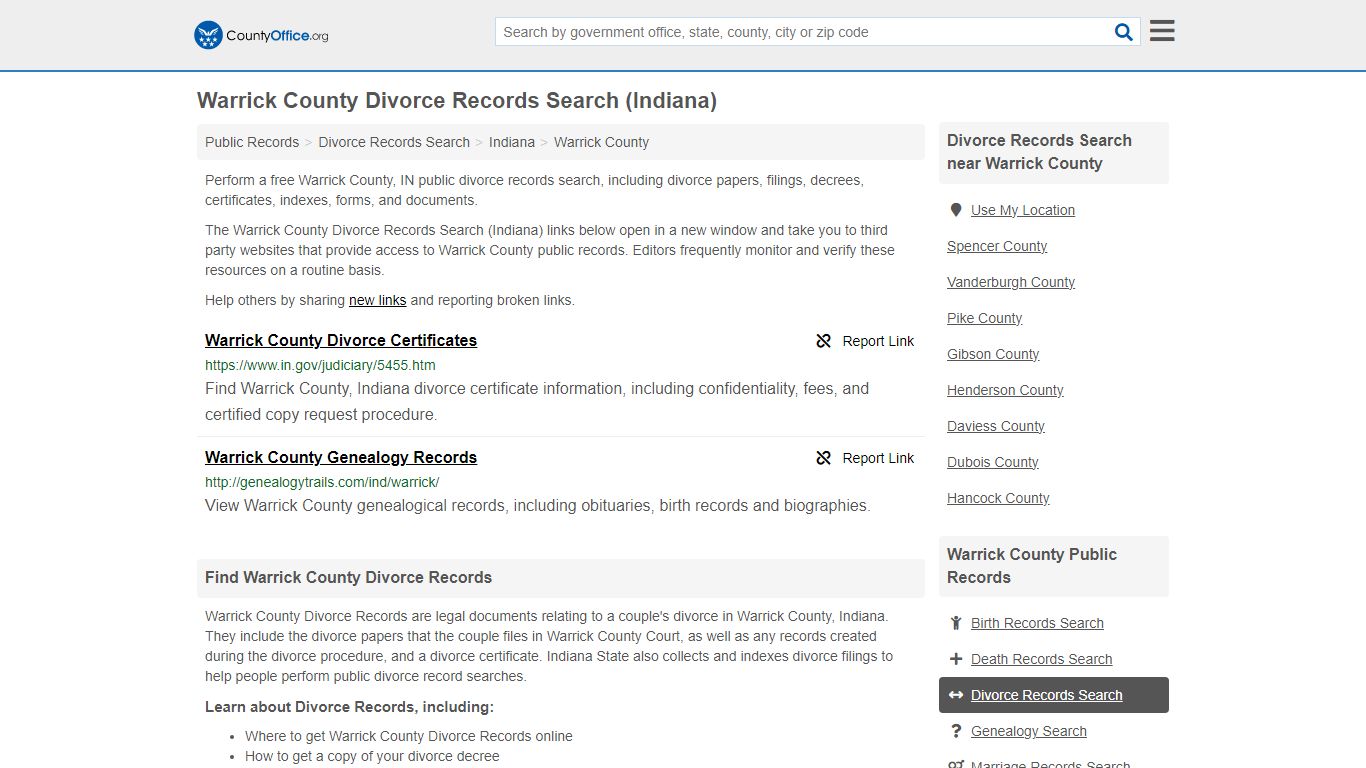 Warrick County Divorce Records Search (Indiana) - County Office